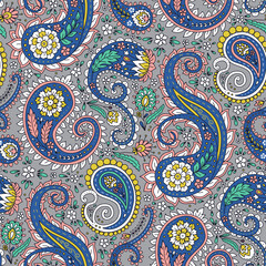 Seamless pattern with blue Paisley motifs. Traditional indian repeat design.