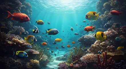 Obraz premium Tropical fish swim amongst vibrant coral in a clear ocean