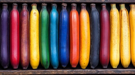 Colorful bananas lined up in a wooden box, for showcasing or artistic display