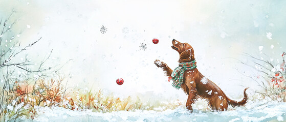 Playful Irish Setter Dog Dressed in a Festive Holiday Scarf Capturing the Joy and Spirit of the Season with a Cheerful Expression and Lively Energy in a Beautiful Outdoor Setting