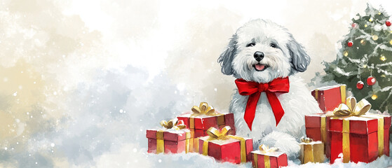 Adorable Old English Sheepdog Dressed with a Big Red Ribbon Showcasing Its Fluffy Coat and Playful Personality in a Charming Outdoor Setting Perfect for Pet Lovers and Dog Enthusiasts
