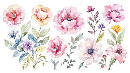 Watercolor floral illustration. Pink flowers and eucalyptus greenery bouquet. Dusty roses, soft light blush peony - border, wreath, frame. Perfect wedding stationary, greetings, fashion, background