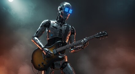 Fototapeta premium Futuristic robotic musician plays electric guitar on smoky stage