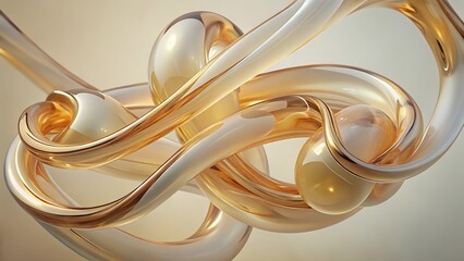 3d rendering, Surreal abstract art of intertwined transparent glass tubes in golden and amber hues on a pale beige backdrop