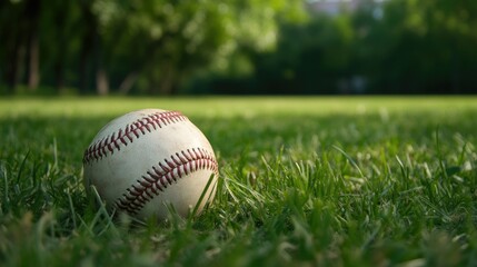 Outdoor Baseball Game on Lush Green Grass Field with Players and Equipment