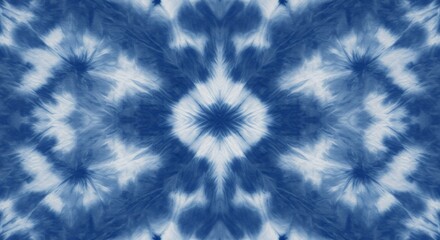 A symmetrical indigo dye pattern creates abstract floral design