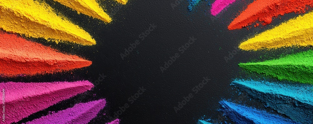 Poster a vibrant array of colored powders arranged in a circular pattern against a black background, creati