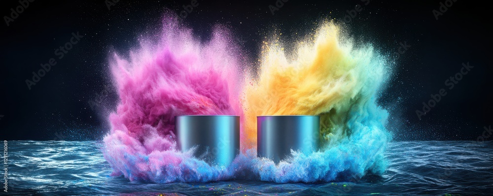 Poster vibrant colored powders burst from two containers, creating a vivid display against a dark backgroun