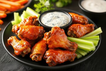 Fototapeta premium Savory Buffalo Wing Delight: Crispy Chicken Wings Paired with Creamy Blue Cheese Dip, Fresh Celery and Carrots for the Ultimate American Party Snack