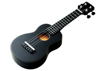 Black Ukulele Isolated. A four-string ukulele with a glossy black finish on a black background, AI generated..