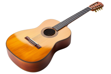 Spanish Classical Guitar Isolated. A traditional wooden six-string Spanish guitar with detailed rosette and glossy finish, AI generated..