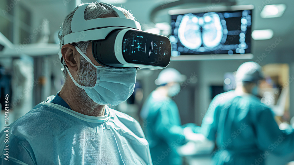 Poster healthtech surgeon using virtual reality technology in an operating room.