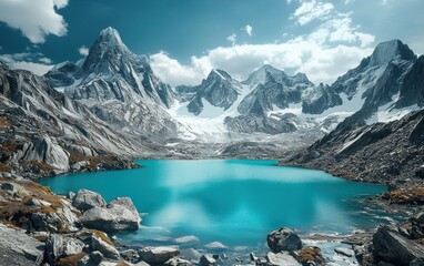 Stunning turquoise lake nestled between snowy peaks