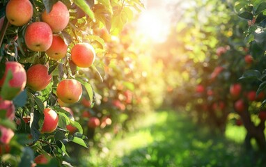 Summer orchard with ripe fruit hanging from lush trees