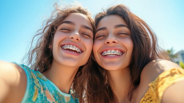 Two Friends in Brackets Smiling for a Selfie: Celebrating Dental Health and Friendship