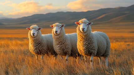 Fototapeta premium Three fluffy sheep standing together in a golden pasture at sunset, surrounded by rolling hills and soft clouds