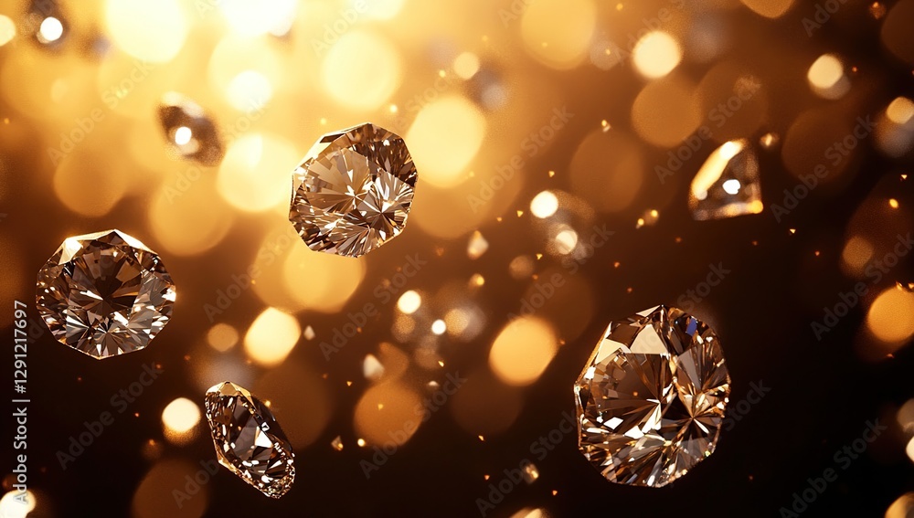 Poster floating diamonds in golden bokeh background