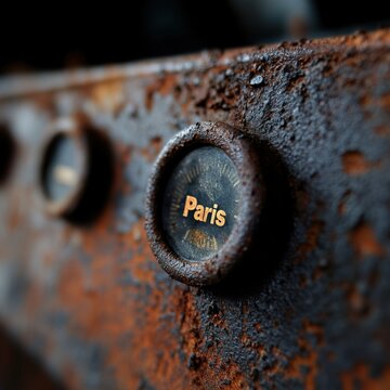 rusted dial with paris text, closeup