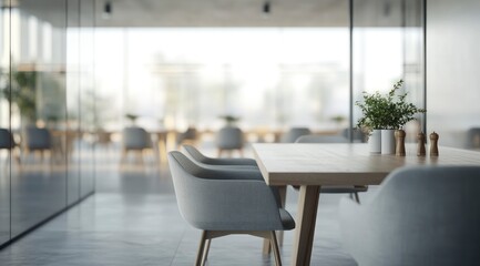 Blurred, empty modern restaurant interior with glass windows and chairs on wooden tables, creating a background with a bokeh effect and a defocused appearance.