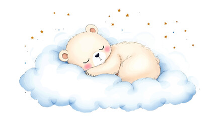 Cute teddy bear sleeps on a cloud, watercolor on a white isolated background