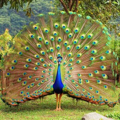Obraz premium Peacock displaying vibrant feathers in lush tropical forest wildlife photography nature close-up beauty of nature