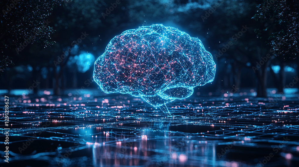 Poster healthtech digital brain representation with glowing connections in a dark environment.