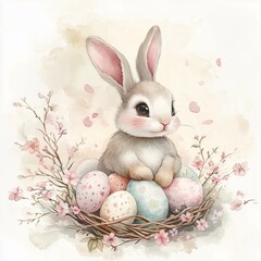 Adorable Easter bunny with floral decorated eggs in watercolor style
