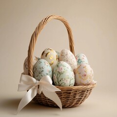 Floral hand-painted Easter eggs in wicker basket