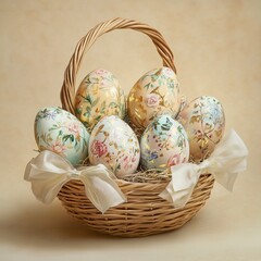 Floral hand-painted Easter eggs in wicker basket