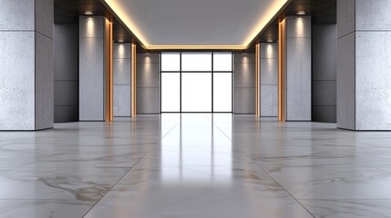 Modern, empty lobby with marble floors and large windows.  Empty space, perfect for presentation.  Spacious, elegant interior design.