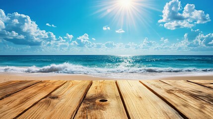 Fototapeta premium Beach waves on sandy shore. Ocean reflects bright sun with waves near horizon. Enjoy a tropical vacation. Relaxation by clear sea, scenic and serene landscape. Ideal for travel and tourism.