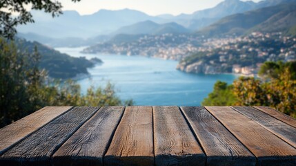 Rustic wood table offers scenic background. Wooden plank texture in nature. Scenic view with mountains and water outdoors. Ideal for travel and tourism displays, nature mockup.