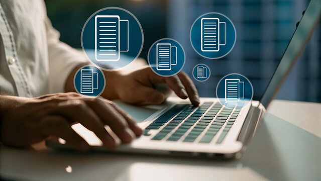 Person working on laptop with document icons overlay, library setting - Powered by Adobe