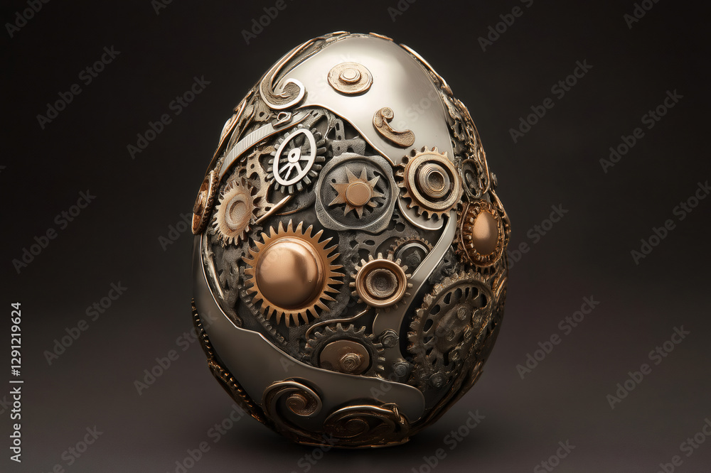 Poster metallic steampunk easter egg decorated with visible gears and other components rotating on itself o