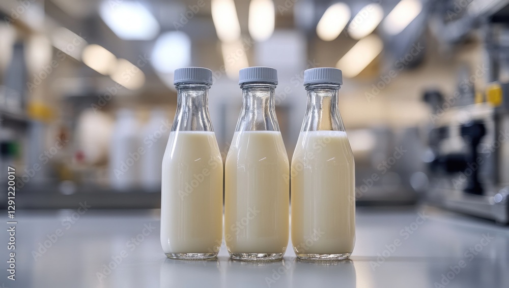 Poster fresh milk bottles displayed in a modern laboratory setting with soft focus and natural light enhanc
