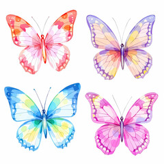 Butterfly collection. Watercolor illustration. Colorful butterflies clipart set. Baby shower design elements. Party invitation, birthday celebration. Spring, summer decor