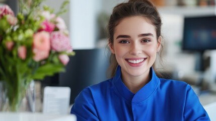Smiling Woman in Blue Shirt at Reception Desk