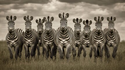 Fototapeta premium A Group Of Zebras Stands In The Savanna