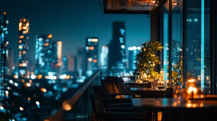 Naklejka premium Blurred background of a rooftop restaurant with a city view at night, a panoramic banner for design. Blurred bokeh from lights in an urban outdoor cafe bar or lounge on the roof