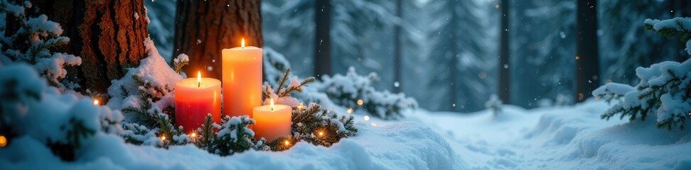 Snowy forest altar with candles and evergreen, evergreen, snow, winter