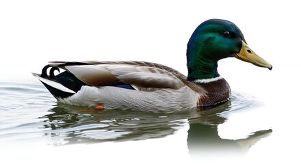 Male mallard duck swims calmly in water with reflection