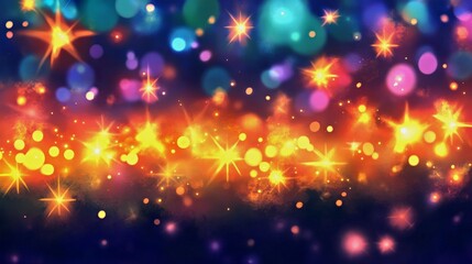 A colorful abstract night background with sparkling stars. Bokeh lights create a bright, festive texture. Ideal for background design, offering vibrant celebration atmosphere.