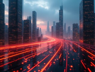 Futuristic cityscape with glowing digital cables connecting skyscrapers at dusk