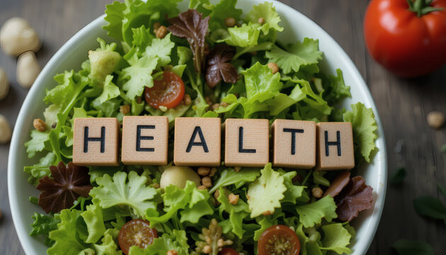 Wooden cubes with text "Health" neatly arranged on a fresh salad bowl, symbolizing a healthy lifestyle, nutrition, and well-being, representing balanced eating, wellness, and the importance of fresh.