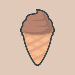 chocolate ice cream cone with outline flat vector design