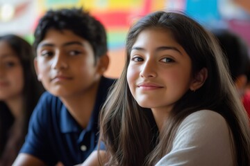 Obraz premium Hispanic students engaging in a cultural exchange program, collaborating in a vibrant classroom filled with learning and diversity