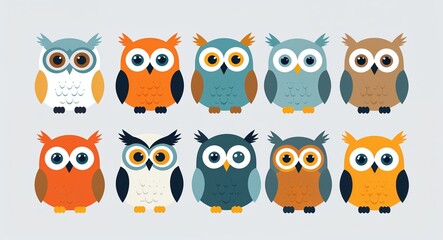 Set bundle of owl minimalist childish style illustration on plain white background