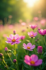 Obraz premium Soft focus on pink flowers blooming in a lush meadow, gentle, pink flowers