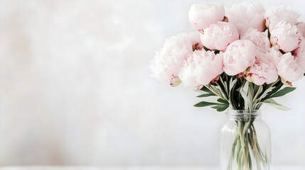 Fototapeta premium Pink peonies in glass vase on white table against soft window light. . Wedding decoration. Mother's Day, Valentine's Day, Women's Day card template and wedding content. Horizontal banner, copy space