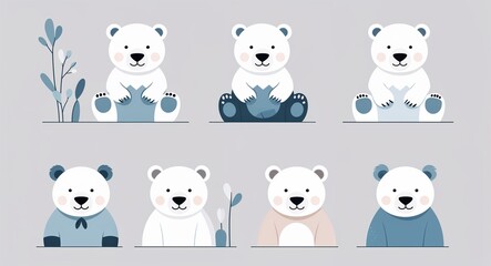Naklejka premium Set bundle of polar bear minimalist childish style illustration on plain white background